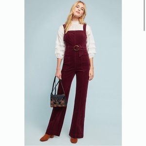 Anthropologie Burgundy Velvet Wide Leg Overalls